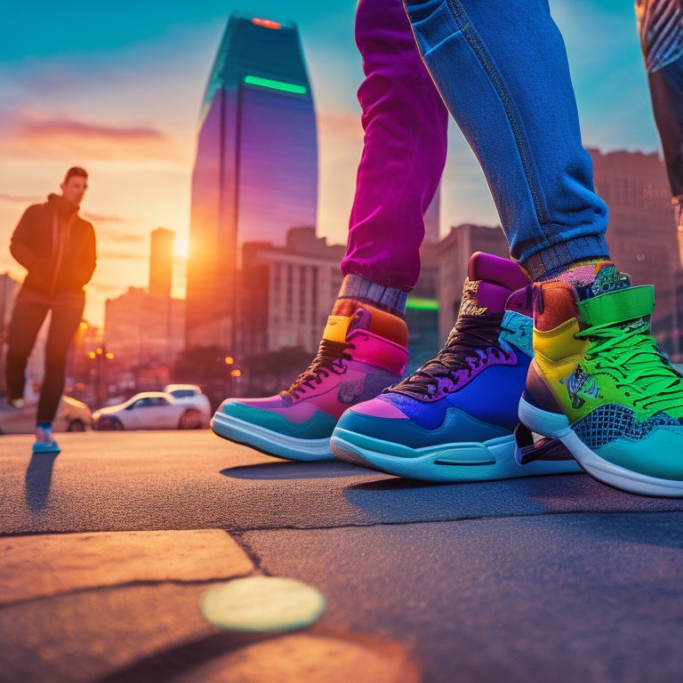 A dynamic urban scene showcasing diverse hip hop sneakers on vibrant graffiti-covered pavement, with a group of stylish individuals in motion, embodying energy and culture, under a colorful sunset reflecting off city skyscrapers.