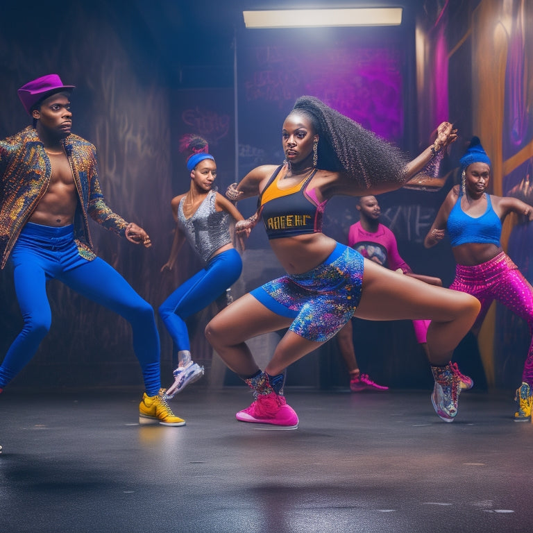 A dynamic dance studio scene featuring diverse dancers in vibrant, stylish hip hop dancewear, showcasing bold colors, unique patterns, and modern accessories, surrounded by graffiti art and urban-inspired decor.
