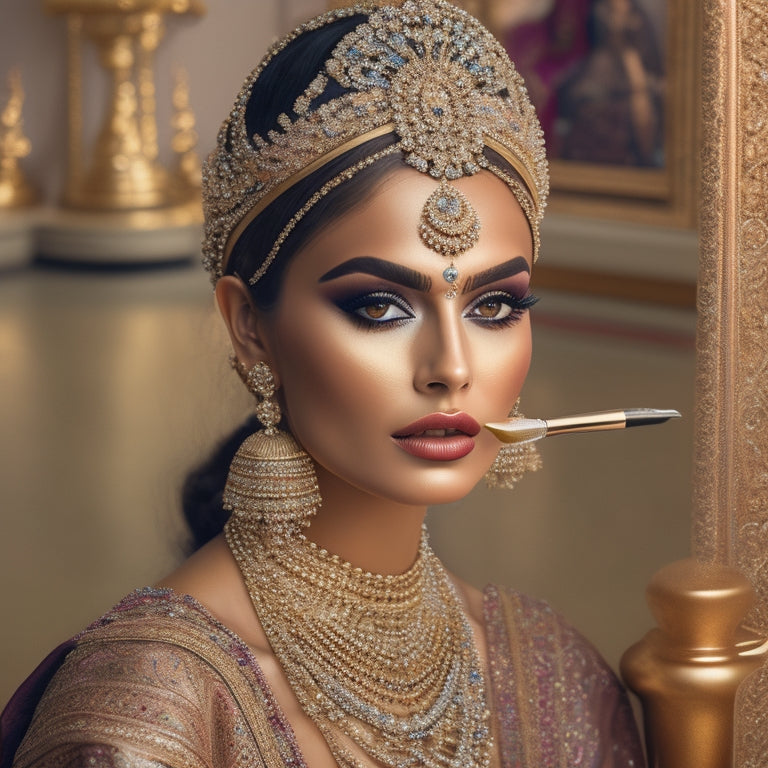 A luxurious, ornate golden backdrop with intricately designed Indian patterns, surrounded by makeup brushes, palettes, and mirrors, with a delicate, bejeweled Indian-inspired headdress at the center.
