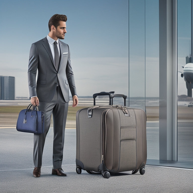 A sleek, modern carry-on garment bag, elegantly displayed open, revealing neatly hung suits and shirts, set against a stylish airport backdrop with soft lighting, emphasizing luxury and practicality for business travelers.