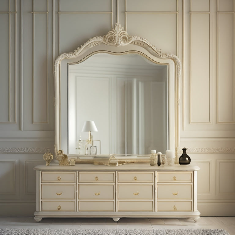 A minimalist interior scene featuring a stylish dresser with three to five ornate, differently sized mirrors with various frames, shapes, and reflections, set against a soft, creamy white background.