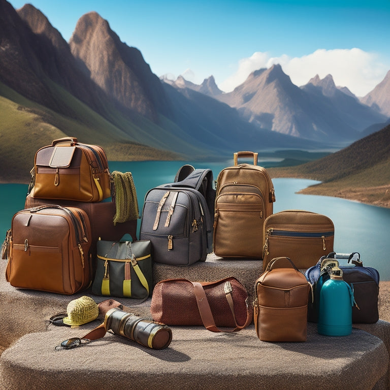 A vibrant travel scene featuring seven rugged bags in various textures and colors, set against a backdrop of mountains and a winding path, with scattered travel essentials like a compass, map, and water bottle.