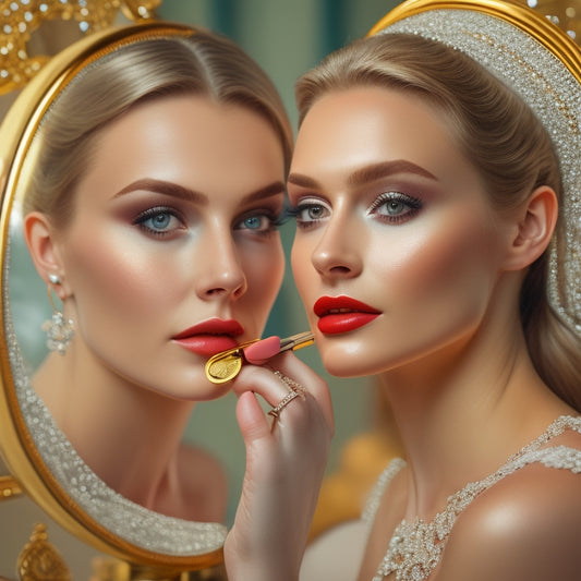An elegant, golden-rimmed mirror reflects a beautiful, porcelain-skinned bride with luscious lashes and flawless, airbrushed skin, surrounded by luxurious makeup brushes, palettes, and cosmetics.