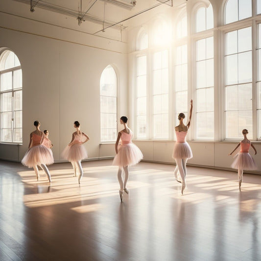 A serene ballet studio with dancers gracefully practicing on a glossy sprung floor, sunlight streaming through large windows, mirrors reflecting their movements, and soft pastel colors creating an inviting, airy atmosphere.