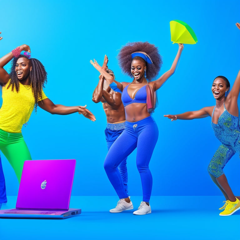 A vibrant, energetic illustration of a diverse group of people dancing and exercising in front of laptops, with colorful props and fun accessories, set against a bright, gradient blue background.