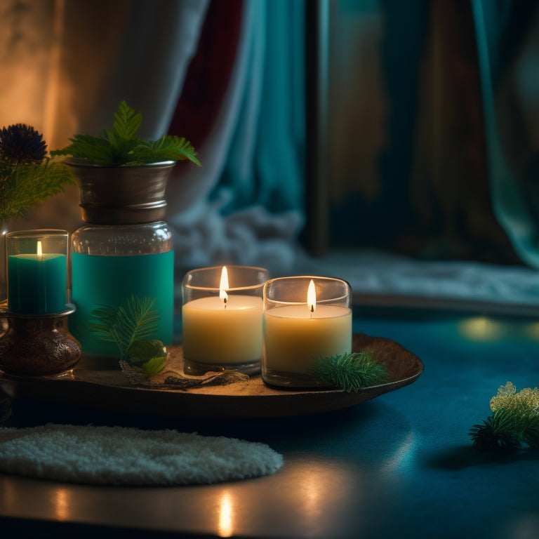 A serene, dimly lit room with a dancer's foot soaking in a warm, turquoise-hued foot bath, surrounded by candles, essential oils, and soft, calming greenery.