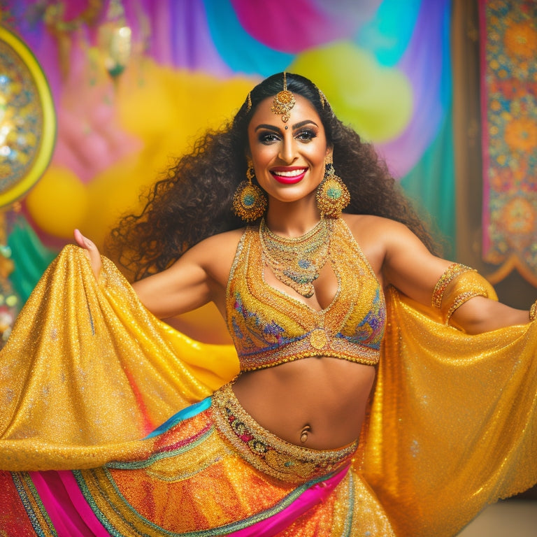 A vibrant, golden-lit dance studio with a beautiful, smiling belly dancer posing in the center, surrounded by colorful fabrics, flowers, and Middle Eastern-inspired patterns.