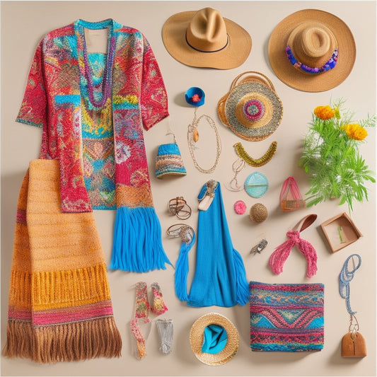 Create a vibrant flat lay of ten essential boho chic pieces: flowy maxi dress, fringed suede jacket, wide-brim hat, layered necklaces, patterned scarf, ankle boots, oversized tote, bell-bottom jeans, embroidered blouse, and colorful bracelets.
