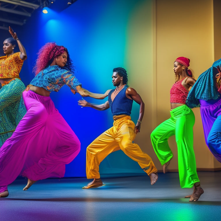 A vibrant dance studio with colorful baggy pants in motion, showcasing various styles and patterns. Dancers of diverse backgrounds express energy and creativity, with soft natural light illuminating the flowing fabric around them.