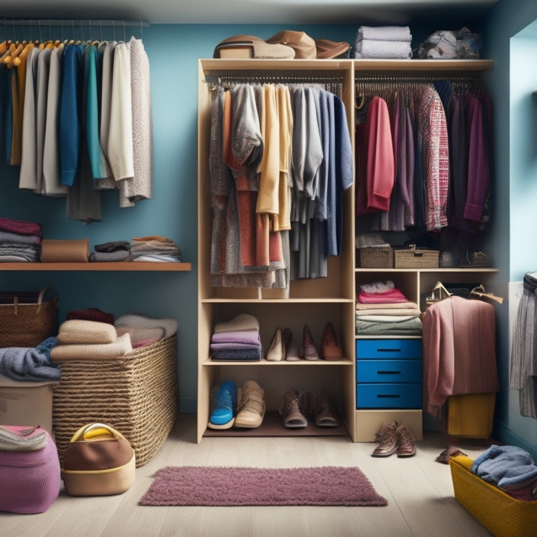 A cluttered wardrobe with clothes scattered on the floor, a few items hanging crookedly, and a lone sock on a shelf, contrasted with a nearby tidy section featuring color-coded garments on matching hangers and a few neatly folded piles.