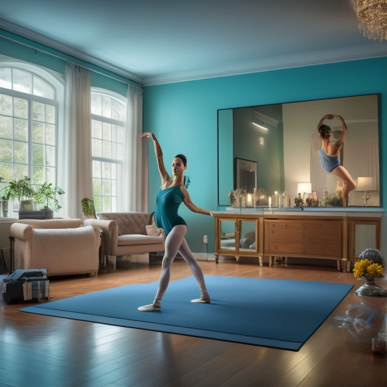 A serene, well-lit home studio with a dancer in the center, surrounded by mirrors, ballet bars, and a few props like blocks, straps, and a yoga mat, performing a gentle, flowing hamstring stretch.