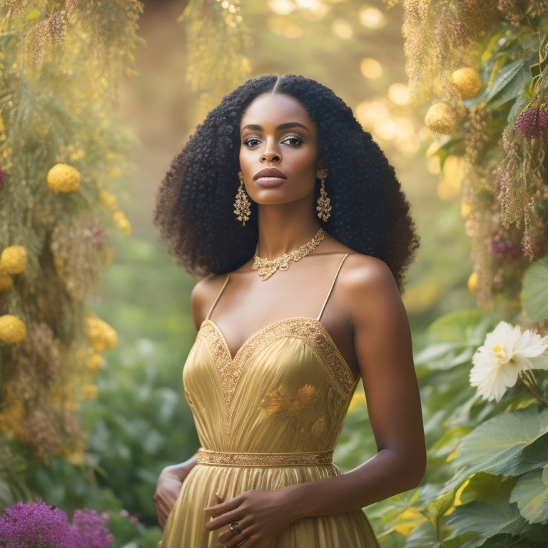 A regal, statuesque woman stands confidently, surrounded by lush, blooming flowers and vines, with a subtle, golden glow emanating from her body, symbolizing inner strength and radiant femininity.