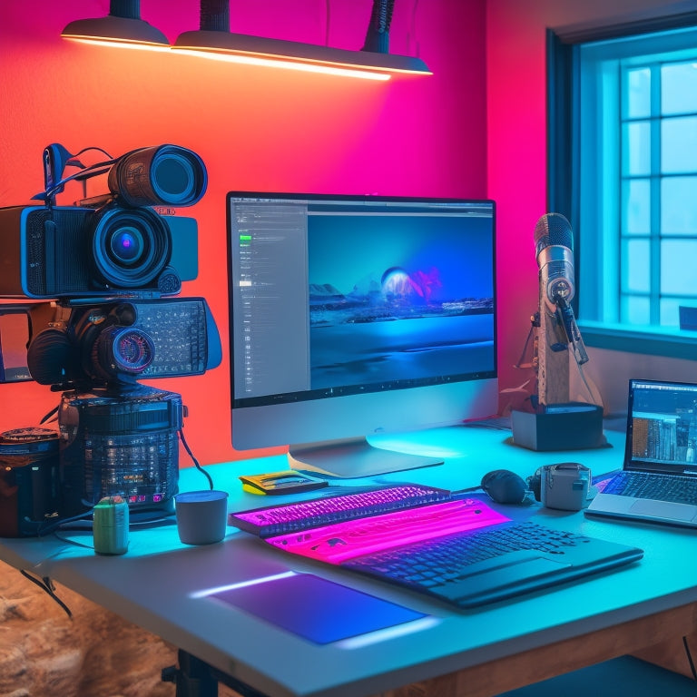 A sleek modern workspace featuring high-end cameras, microphones, tripods, and a laptop, all surrounded by soft diffused lighting, colorful LED panels, and creative props, showcasing the ultimate video recording setup for content creators.