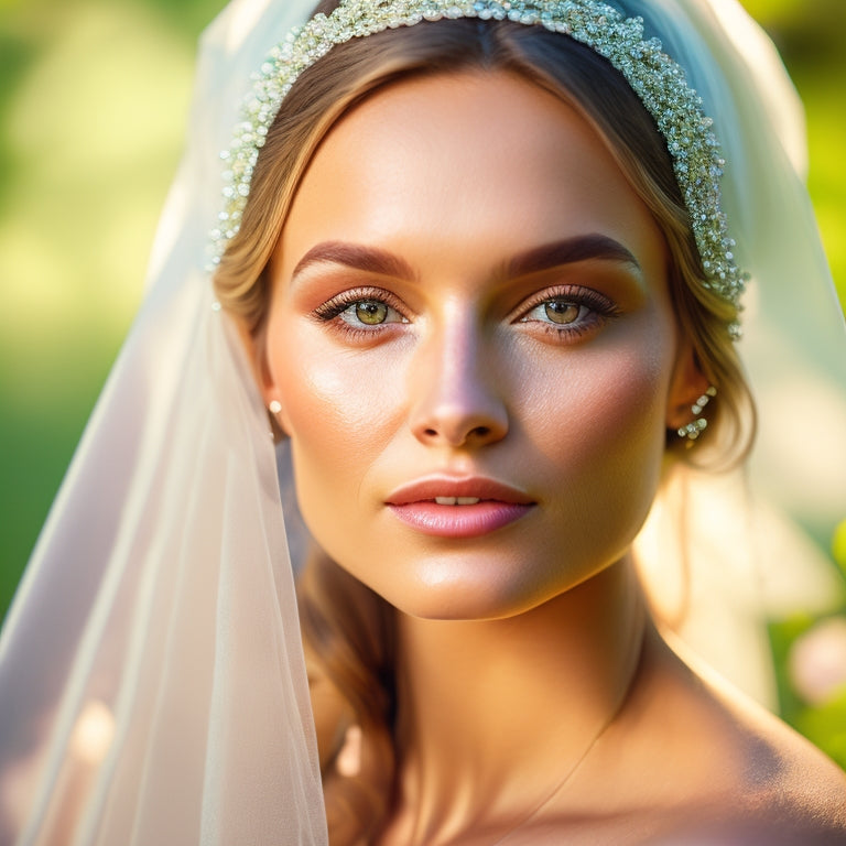 A serene, sun-kissed bride sits in a lush, green garden, surrounded by blooming flowers, with a soft, golden light illuminating her flawless, natural makeup look and delicate, beaded wedding veil.