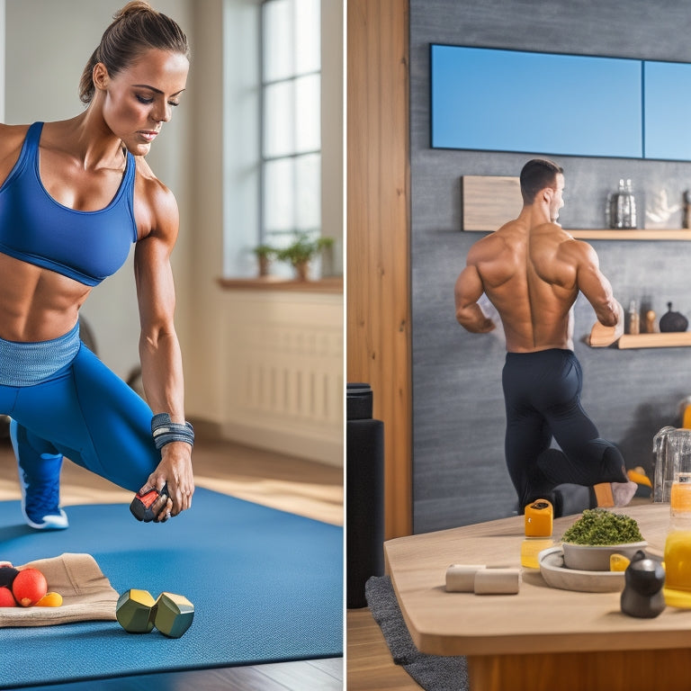 A split-screen image featuring a person in the midst of an intense workout on the left, surrounded by dumbbells and a yoga mat, and a fit person standing in front of a chalkboard with a balanced diet plan on the right.