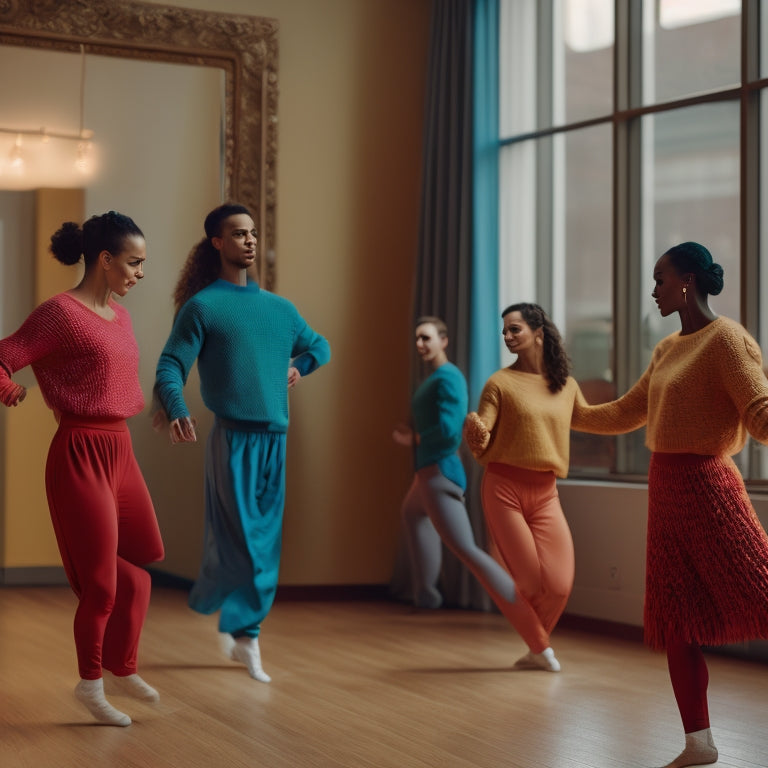 A cozy dance studio scene featuring dancers in vibrant, stylish sweaters, showcasing various colors and textures. Soft lighting highlights the movement and comfort of the sweaters, with a wooden floor and mirrors reflecting dynamic poses.