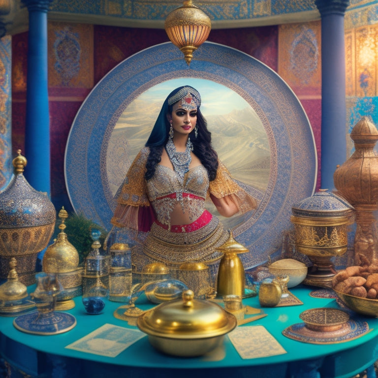 A whimsical illustration of a belly dancer surrounded by SEO-related elements, such as gears, magnifying glasses, and rising graphs, amidst a backdrop of swirling Arabic patterns and subtle Middle Eastern architecture.