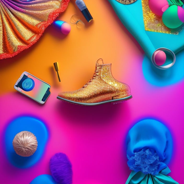 A whimsical illustration of a dancer's smartphone surrounded by swirling fabrics, glittering accessories, and colorful makeup, with a mini dance floor reflected on the screen.