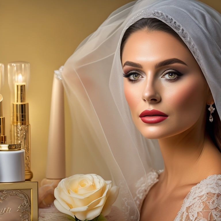 A soft, golden light-filled studio backdrop with a elegant, antique vanity, surrounded by an array of luxurious makeup products, and a beautiful, lace veil-draped mannequin head with a stunning, bridal makeup look.