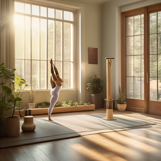A serene studio with a wooden dance barre, sunlight streaming through large windows, a graceful dancer in a split stretching pose, surrounded by soft yoga mats and plants, emphasizing flexibility and calmness.