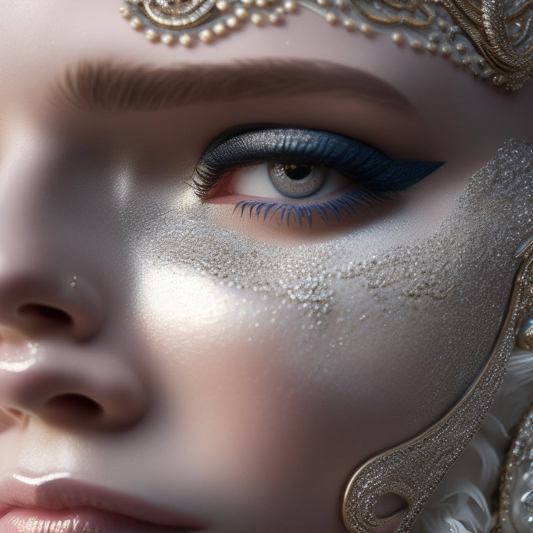 A close-up of a delicate, porcelain-like face with intricately painted, swirling patterns of silver and gold makeup that shimmer in the light, surrounded by soft, feathery brushstrokes.