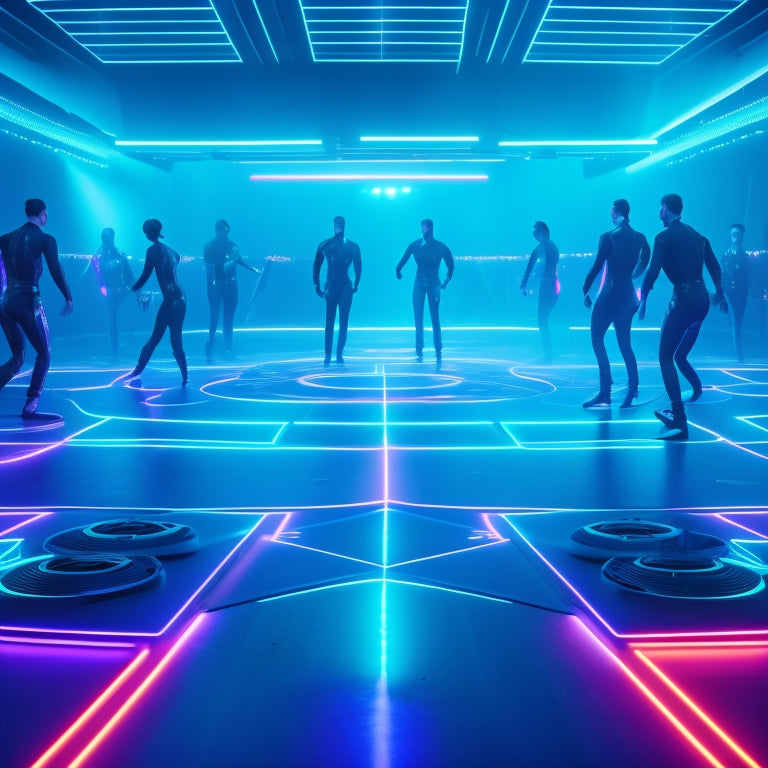 A futuristic dance floor with neon lights, surrounded by VR headsets, gaming laptops, and high-quality speakers, with dancers wearing motion capture suits and wireless earbuds.