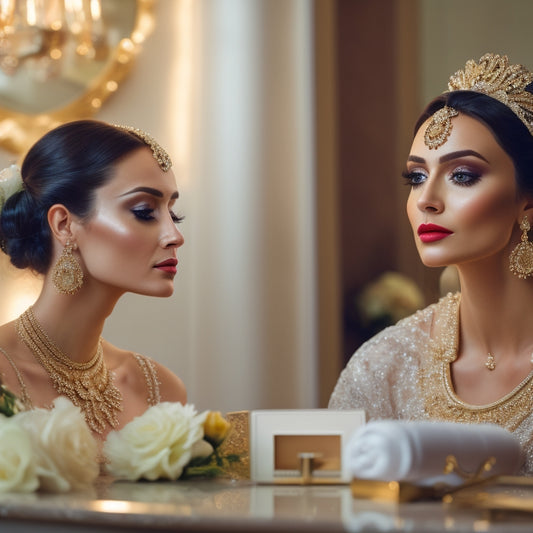 A beautiful, serene bride sits in front of a ornate, gold vanity, surrounded by soft, warm lighting, with various hairstyling tools and makeup products scattered around her, gazing into a mirror.