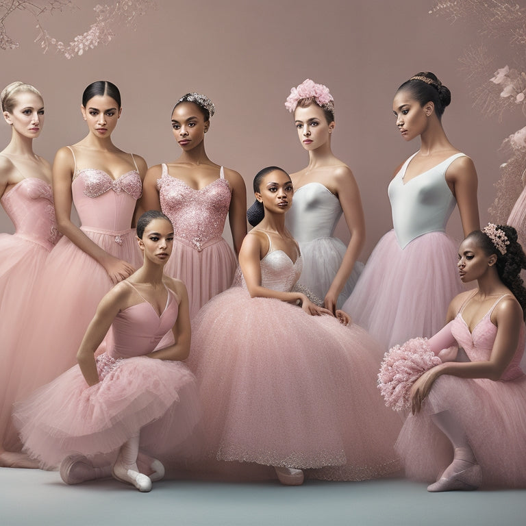 A serene, soft-focus illustration of a diverse group of ballerinas in various poses, showcasing different body types, with subtle hints of curves and varying bust sizes, set against a pale pink background with delicate, swirling patterns.
