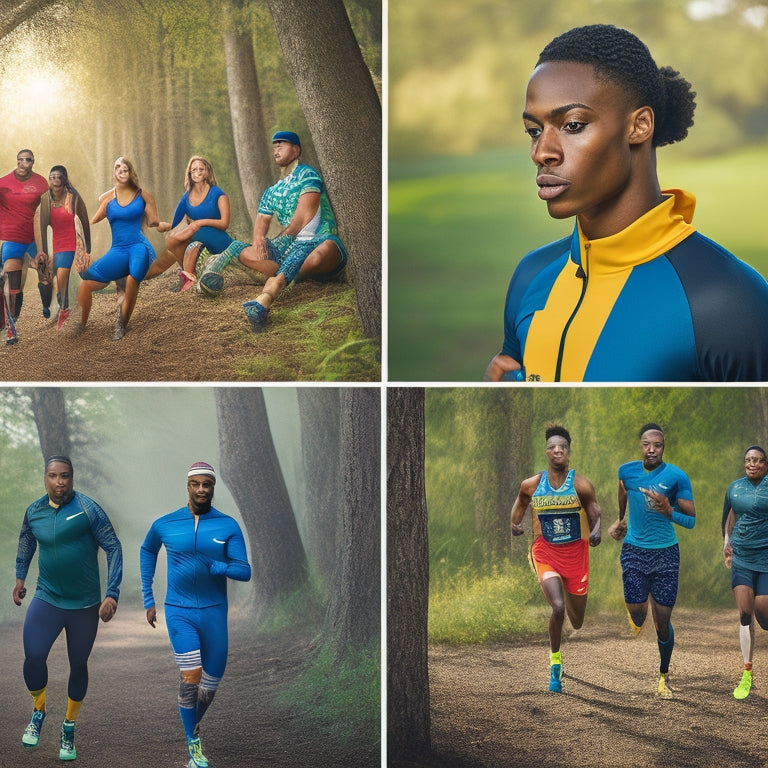 A dynamic scene showcasing diverse athletes in vibrant, high-performance outfits, featuring moisture-wicking fabrics, bold patterns, and stylish accessories, set against an energetic outdoor backdrop with sunlight streaming through trees.