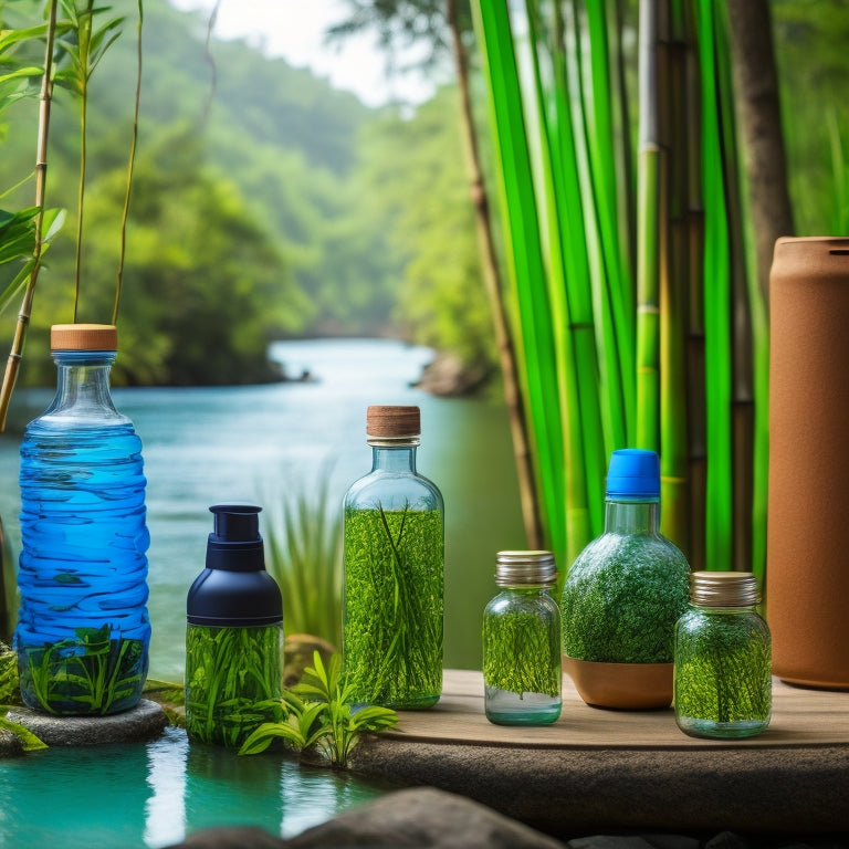A vibrant arrangement of various sustainable water bottles made from bamboo, stainless steel, and glass, surrounded by lush greenery, with a backdrop of a serene river, emphasizing eco-friendliness and nature.