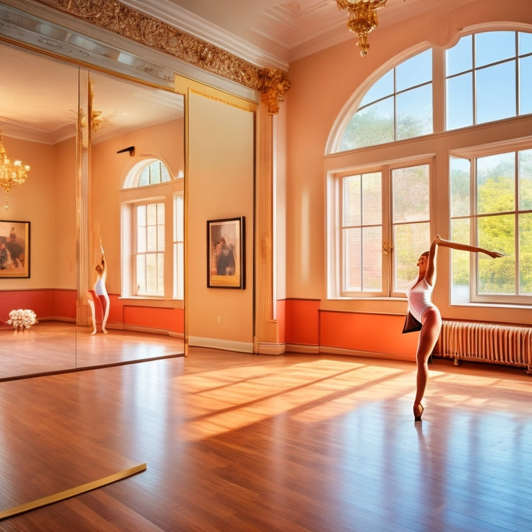 A vibrant dance studio with a ballerina gracefully stretching in a sleek, fitted leotard. Soft natural light floods the space, highlighting the fluidity of movement and the fabric's texture, surrounded by elegant mirrors and polished wood floors.