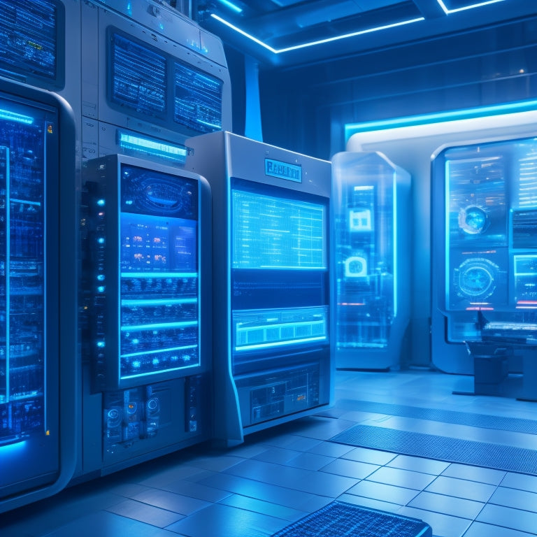 A futuristic studio with sleek, silver machines and glowing blue circuits, surrounded by holographic screens displaying efficiency charts, amidst a subtle background of gears and clockwork mechanisms.
