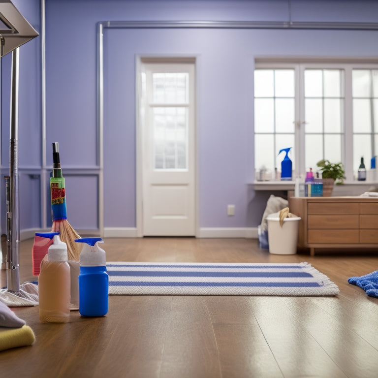 A spotless Marley dance floor, with a few dance shoes and a dance barre in the background, surrounded by cleaning supplies like a mop, bucket, and cleaning solution.