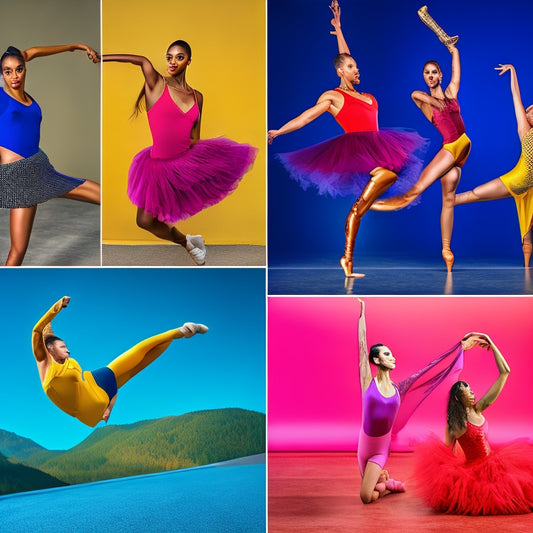 A vibrant collage of diverse dancers in various essential dancewear: sleek leotards, flowing skirts, fitted leggings, and ballet shoes, showcasing different styles like ballet, hip-hop, contemporary, and jazz against a dynamic studio backdrop.