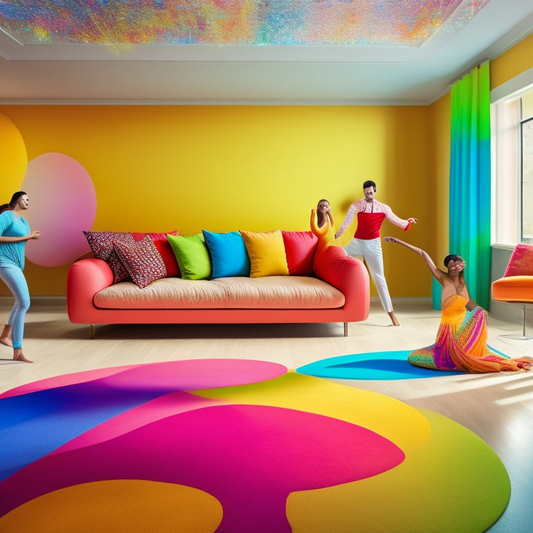 A vibrant, high-energy illustration featuring a blank, beige living room transforming into a colorful dance studio, with swirling dance-inspired patterns, leaping dancers, and dynamic brushstrokes.