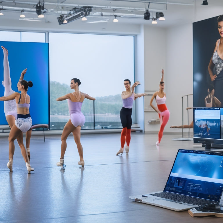 A bright, modern dance studio with a large screen displaying a live online class, surrounded by ballet bars, mirrors, and a few dancers in various poses, with laptops and headphones nearby.