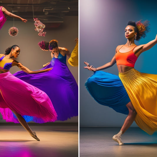 A vibrant dance studio filled with diverse dancers showcasing dynamic outfits: flowing skirts, sleek leggings, colorful crop tops, and stylish shoes, all captured in mid-motion, radiating energy and passion for rhythm.