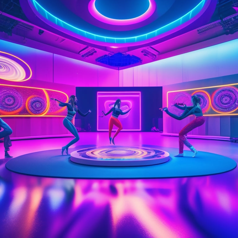 A futuristic dance studio with a large screen displaying a 3D avatar, surrounded by laptops and tablets with dance choreography software open, amidst a whirlwind of colorful dance moves and swirling musical notes.