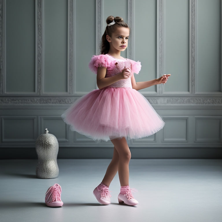 A whimsical illustration of a young girl wearing a flowing tutu, holding a pair of tap shoes in one hand and a pair of rolled-up socks in the other, against a soft, pale pink background.