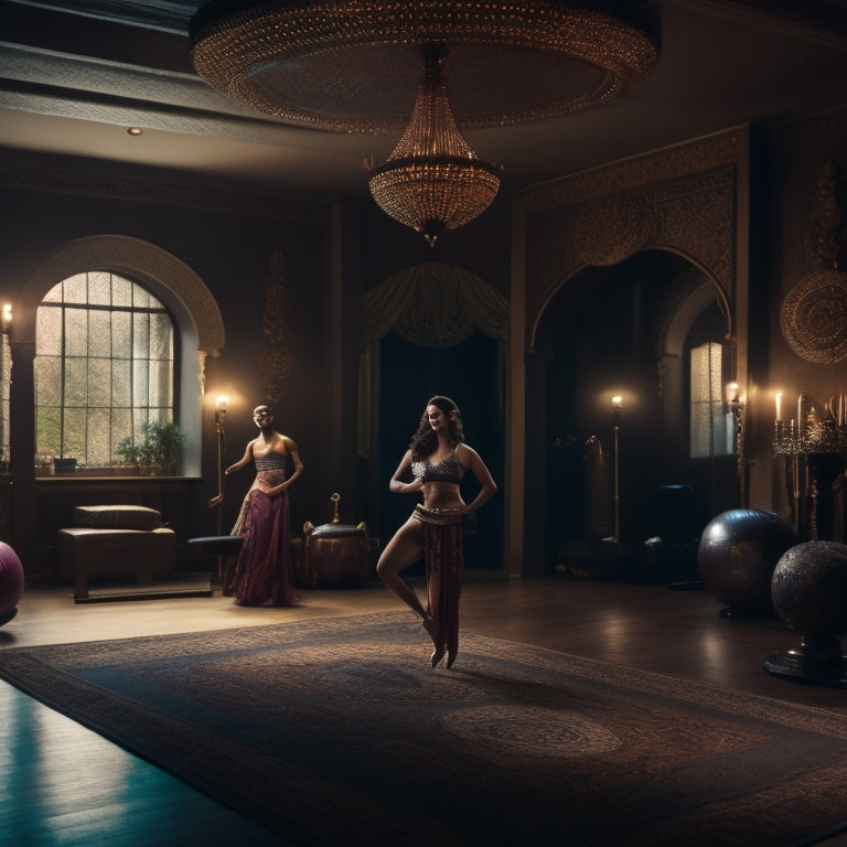 A serene, dimly lit dance studio with a beautiful, toned belly dancer in the center, surrounded by various exercise equipment and props, with a subtle Middle Eastern-inspired pattern on the walls.