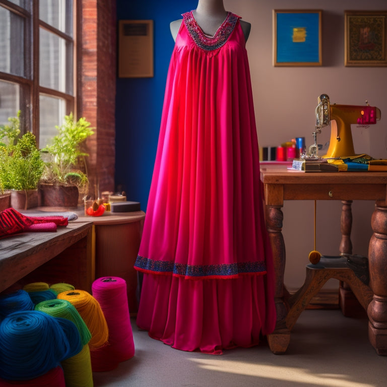 A vibrant, flowing salsa dress in rich red fabric draped elegantly on a mannequin, surrounded by colorful spools of thread, sewing tools, and a bright, cheerful sewing room filled with natural light.