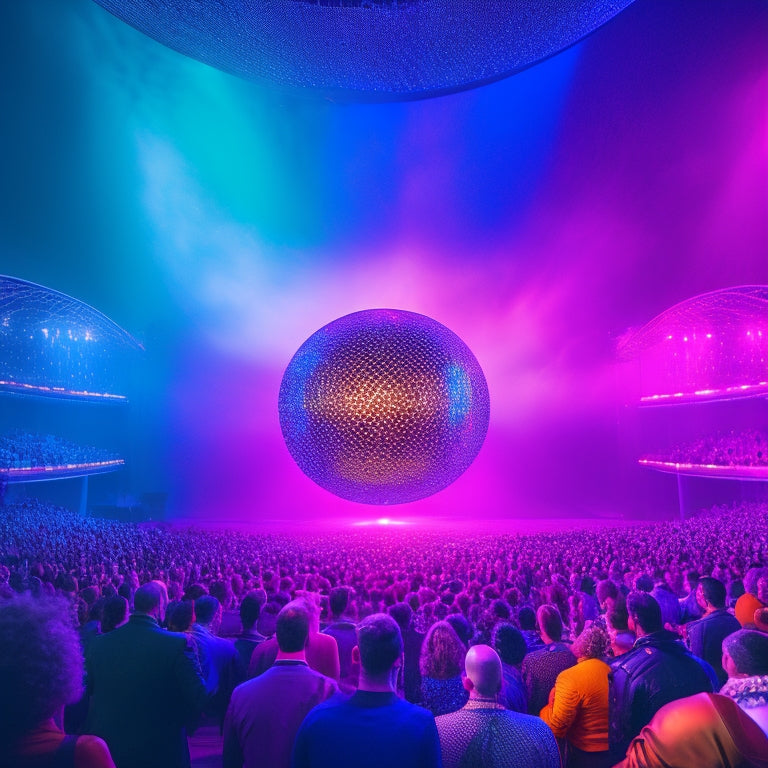 A futuristic auditorium with a holographic stage, surrounded by a sea of interactive orbs that float above the audience, pulsing with vibrant colors, as performers in motion-capture suits weave through the crowd.