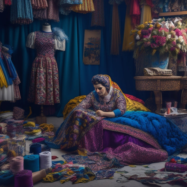 A whimsical illustration of a person surrounded by scattered fabric scraps, threads, and sewing supplies, with a half-finished costume on a mannequin, amidst a backdrop of colorful fabrics and trims.