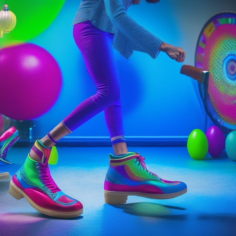 A dynamic, colorful illustration of a person wearing sneakers, mid-salsa-dance move, with a blurred background of a dance studio, surrounded by salsa dance-inspired props like maracas and a guitar.