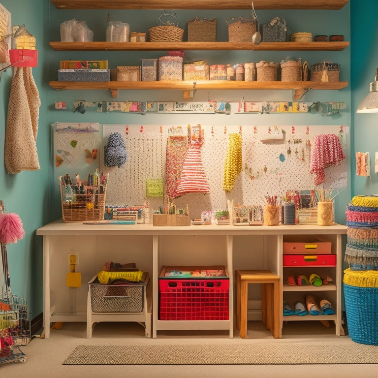 A cozy, organized craft room filled with colorful, labeled bins, hanging costumes on hooks, a pegboard with tools, and a chalkboard planner. Warm lighting highlights a whimsical, creative atmosphere.