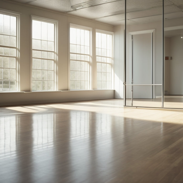 A serene, empty dance studio with a wooden ballet barre standing against a mirrored wall, its horizontal rod 3-4 feet off the polished floor, surrounded by soft, natural light and subtle shadows.