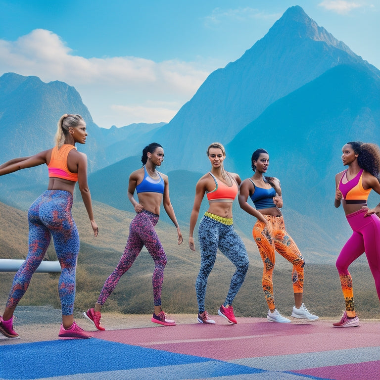 A vibrant scene featuring a diverse group of women in dynamic poses, showcasing various styles of workout leggings in bright colors and patterns, set against an outdoor track with mountains in the background.