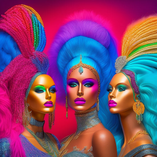 A dazzling array of vibrant dance wigs displayed on elegant mannequins, featuring intricate braids, bold colors, and shimmering embellishments, set against a dramatic stage backdrop with soft spotlights illuminating their dynamic textures.