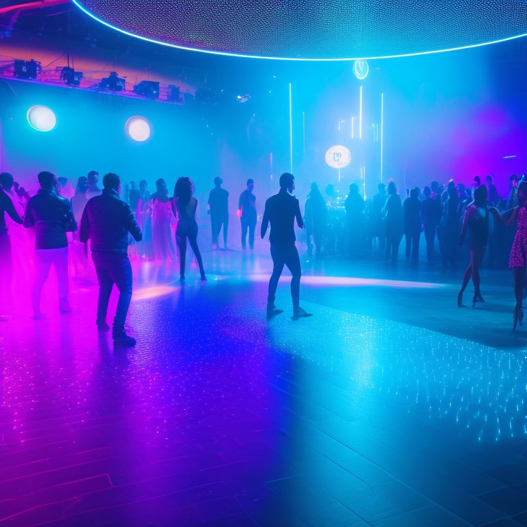 A dimly lit, futuristic dance floor with glowing neon lights and holographic projections, surrounded by avatars of people dancing in various styles, with DJ equipment and virtual confetti.