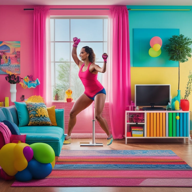 A bright and colorful illustration of a person dancing in their living room, surrounded by exercise equipment and props, with a fun and energetic atmosphere.